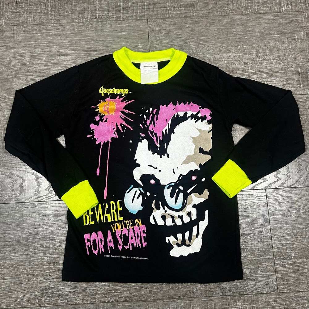 Vintage 1995 Goosebumps Kids Long Sleeve Shirt Skull Graphic Neon Wormser RARE